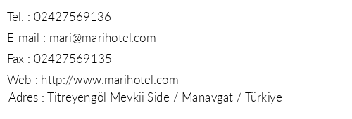 Mari Hotel telefon numaralar, faks, e-mail, posta adresi ve iletiim bilgileri